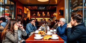 Café scene in Romania with people enjoying coffee.