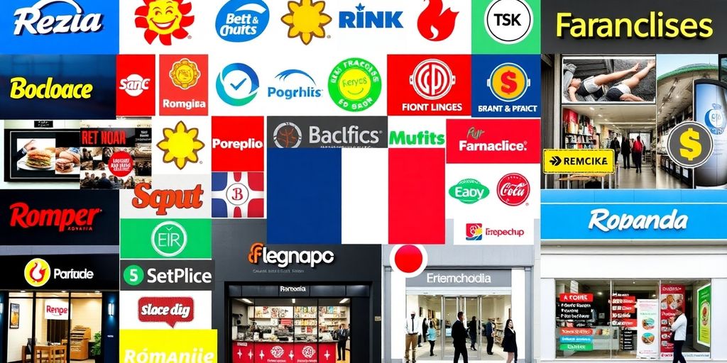 Collage of franchise logos and business environments in Romania.