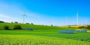 Green fields and renewable energy in Romania.