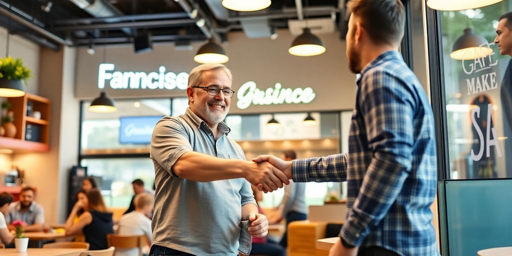 Franchise owner and partner shaking hands in café.