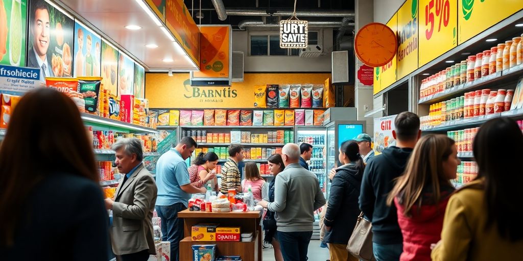 Busy franchise store in Romania filled with customers.