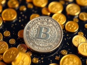 Monedă românească strălucitoare cu un flux de bani.